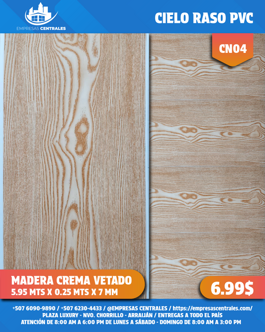 Cielo Raso Pvc MADERA CREMA CN04 25cm x 5.95m x 7mm