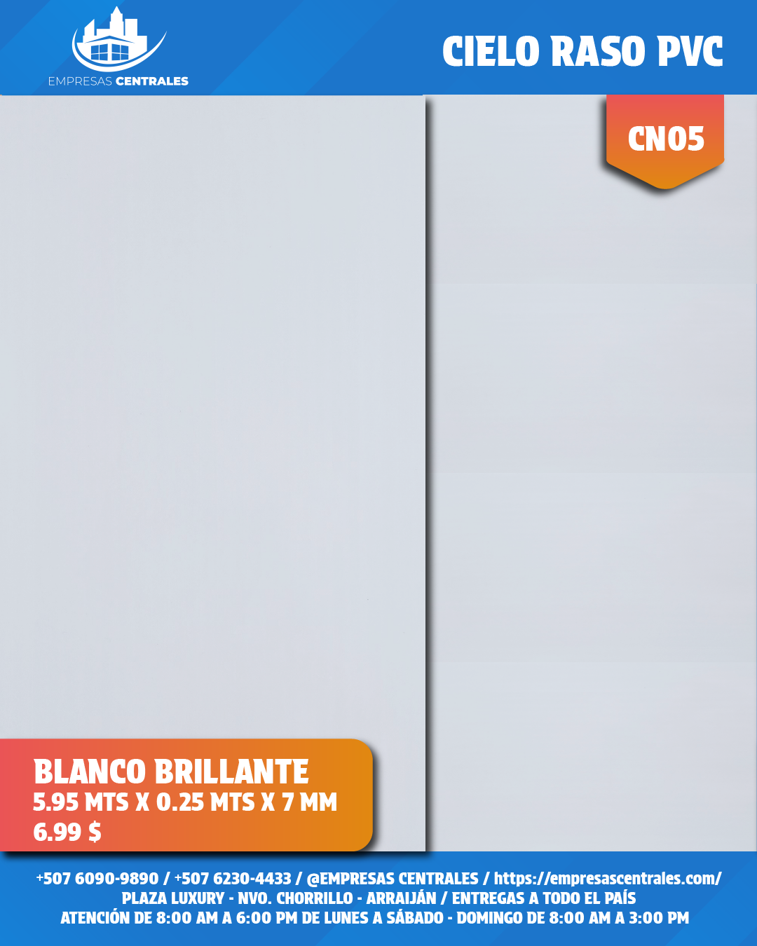 Cielo Raso Pvc Blanco brillante CN05 8mm x 25cm x 5.95m