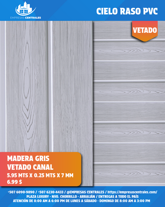Cielo Raso Pvc Madera Gris Claro Vetado 25cm x 5.95m x 7mm
