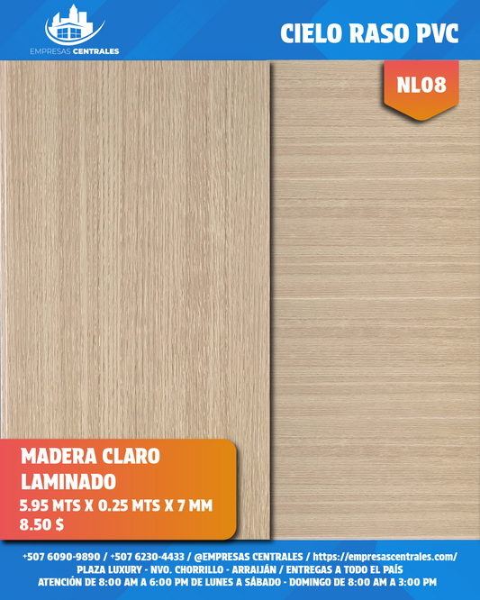 Cielo Raso Pvc Madera Claro NL08 25cm x 5.95m x 7mm