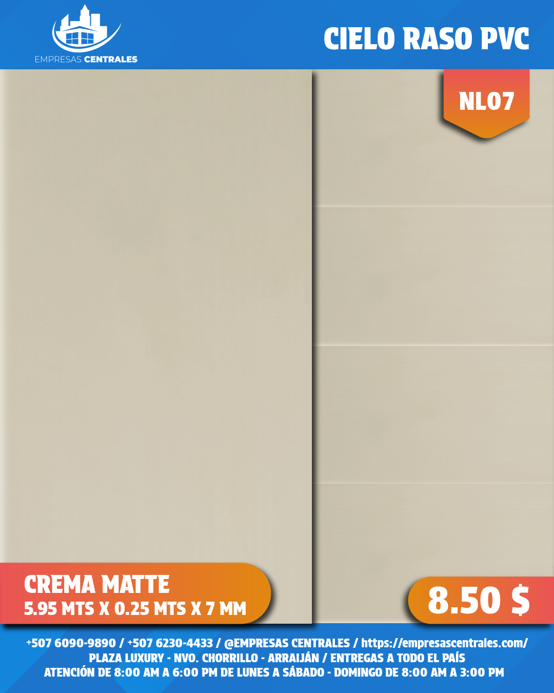 Cielo Raso de PVC Laminado CREMA MATTE 25cm x 5.95m x 7mm