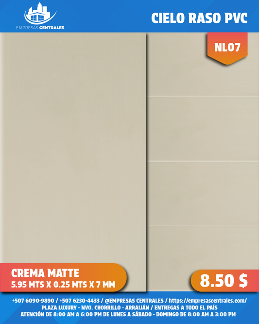 Cielo Raso de PVC Laminado CREMA MATTE 25cm x 5.95m x 7mm