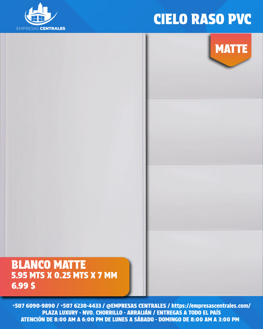 Cielo Raso Pvc BLANCO MATTE 25cm x 5.95m x 7mm