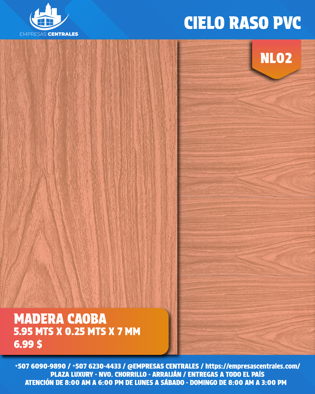 Cielo Raso Pvc Madera Rojizo Caoba NL02 25cm x 5.95m x 7mm