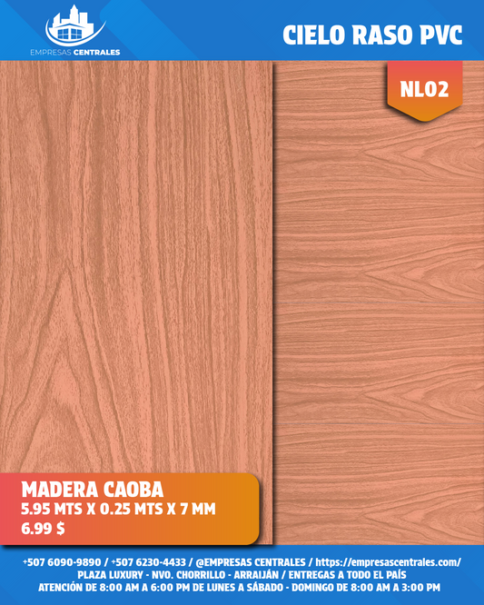 Cielo Raso Pvc Madera Rojizo Caoba NL02 25cm x 5.95m x 7mm