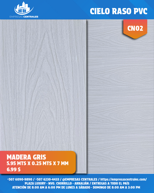 Cielo Raso Pvc Blanco Gris Wood CN02 7mm x 25cm x 5.95m