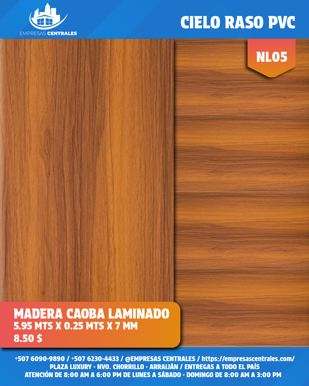 Cielo Raso de PVC Laminado en Efecto Madera Caoba Chocolate Oscuro 25cm x 5.95m x 7mm