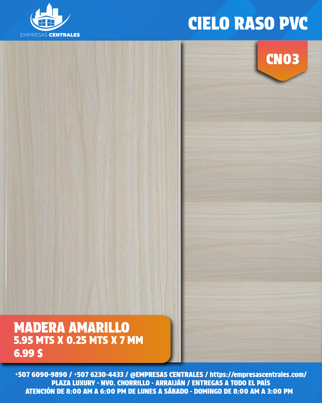 Cielo Raso Pvc Madera Claro #3 25cm x 5.95m x 7mm