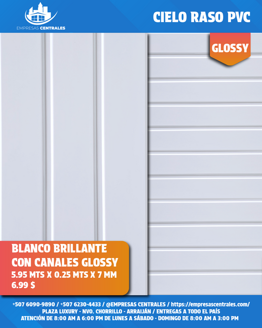 Cielo Raso Pvc Blanco Canal GLOSSY 7.5mm x 25cm x 5.95m