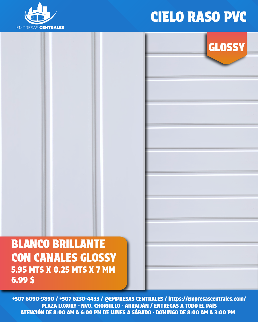 Cielo Raso Pvc BRILLANTE 25cm x 5.95m x 7mm
