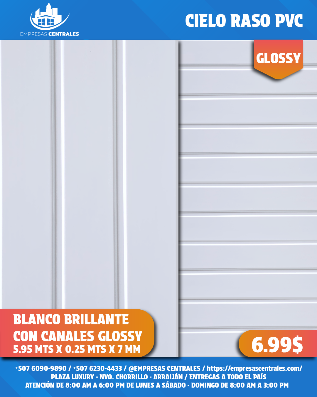 Cielo Raso Pvc BRILLANTE 25cm x 5.95m x 7mm
