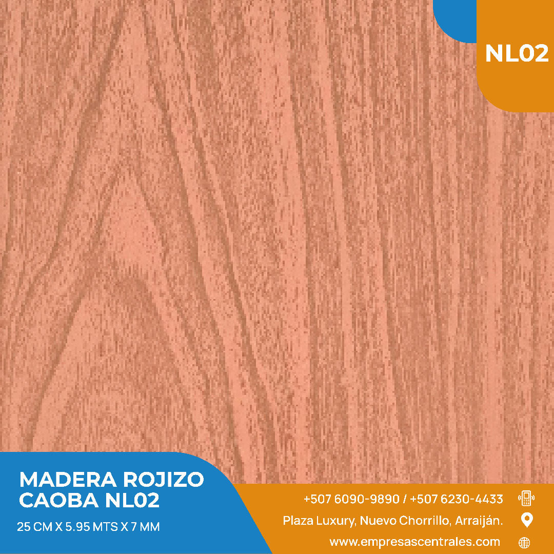 Cielo Raso Pvc Madera Rojizo Caoba NL02 25cm x 5.95m x 7mm