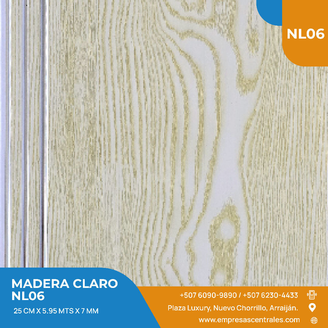 Cielo Raso Pvc Madera Claro NL06 25cm x 5.95m x 7mm