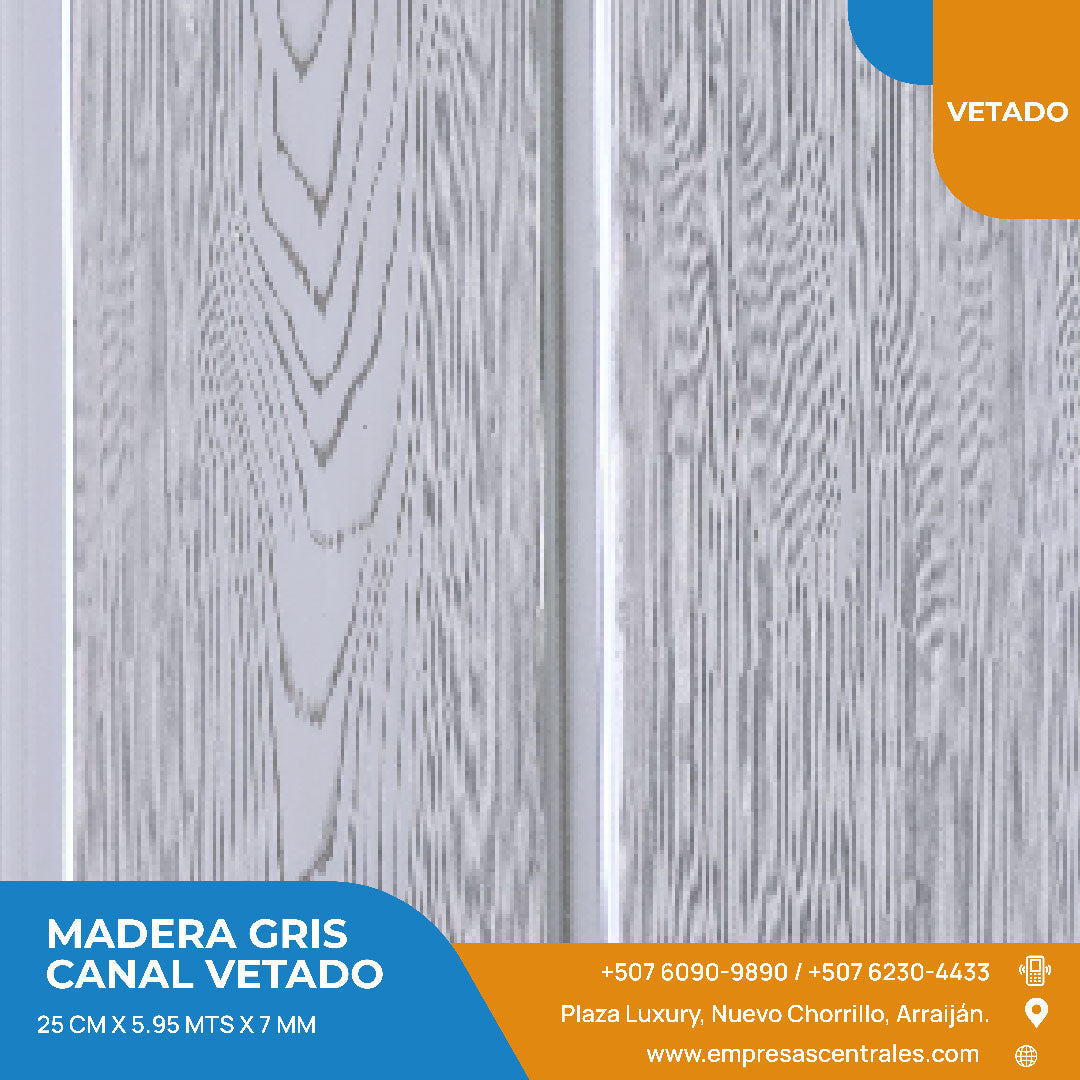 Cielo Raso Pvc Madera Gris Claro Vetado 25cm x 5.95m x 7mm