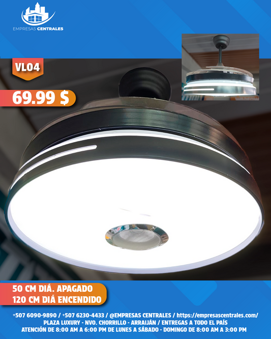 Abanico Con Lampara Y Bluetooth Con Aspas Retractiles VL04