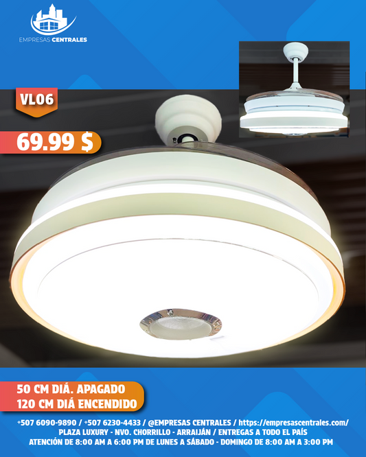 Abanico Con Lampara Y Bluetooth Con Aspas Retractiles VL06