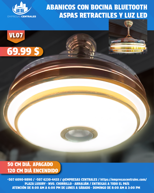 Abanico Con Lampara Y Bluetooth Con Aspas Retractiles VL07