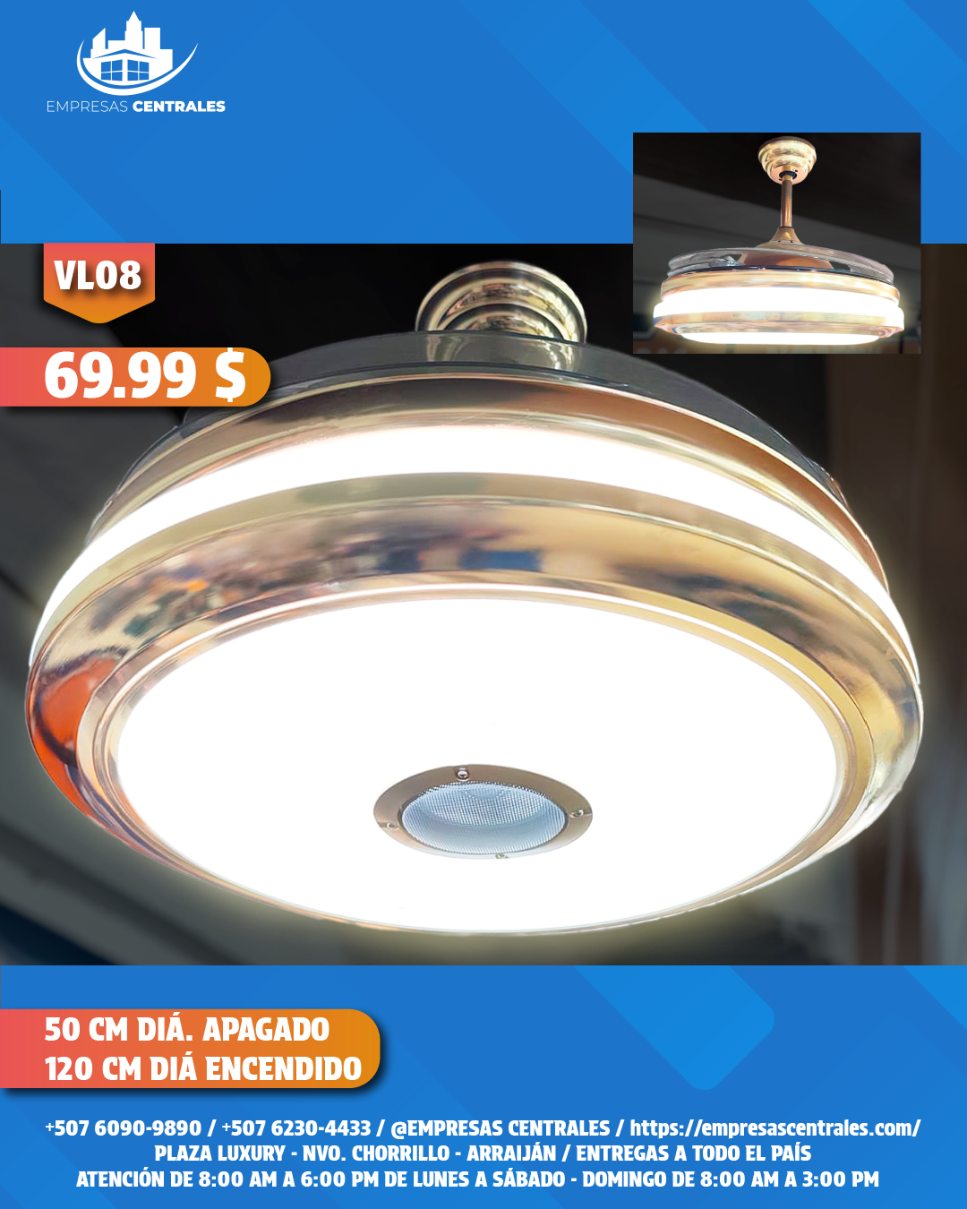 Abanico Con Lampara Y Bluetooth Con Aspas Retractiles VL08