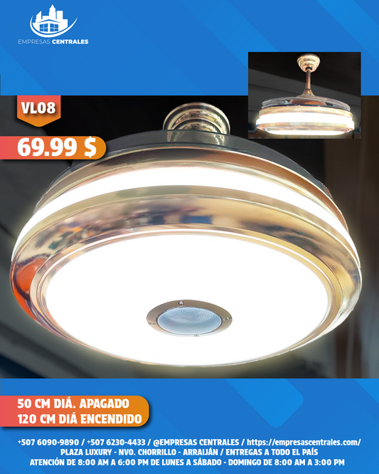 Abanico Con Lampara Y Bluetooth Con Aspas Retractiles VL08