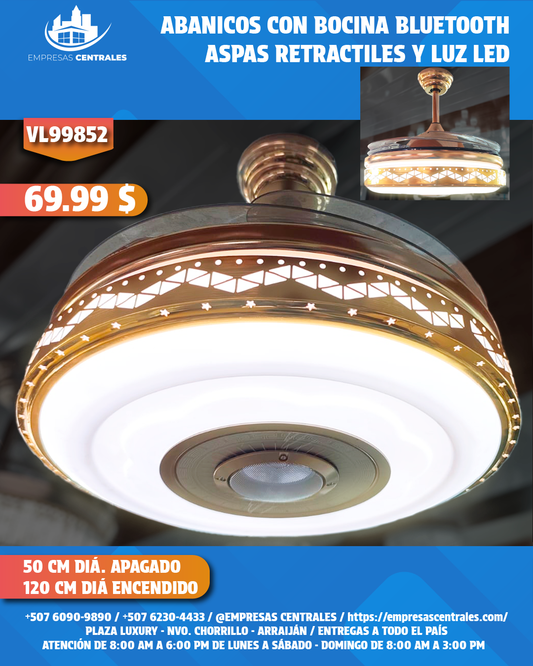 Abanico Con Lampara Y Bluetooth Con Aspas Retractiles VL99852