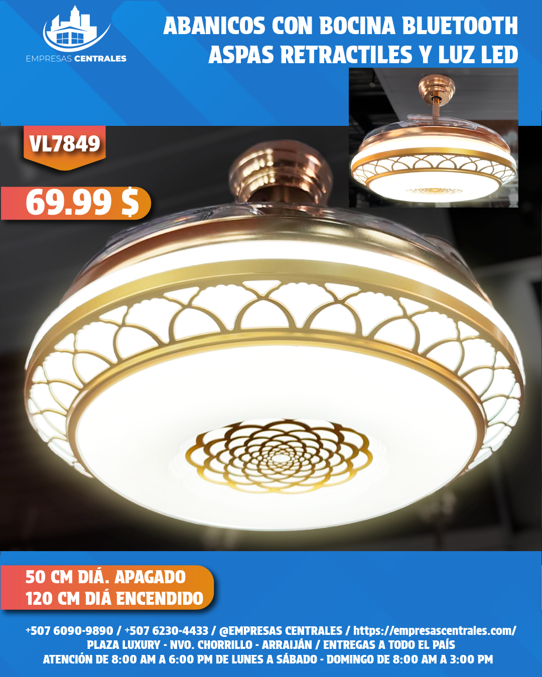 Abanico Con Lampara Y Bluetooth Con Aspas Retractiles VL7849
