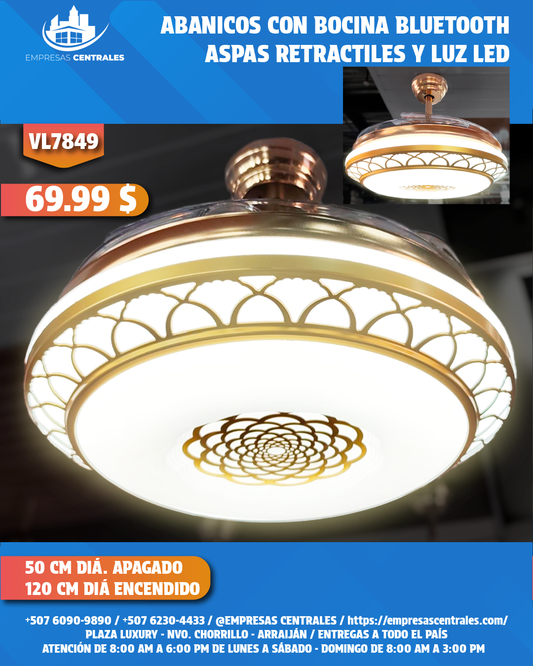Abanico Con Lampara Y Bluetooth Con Aspas Retractiles VL7849