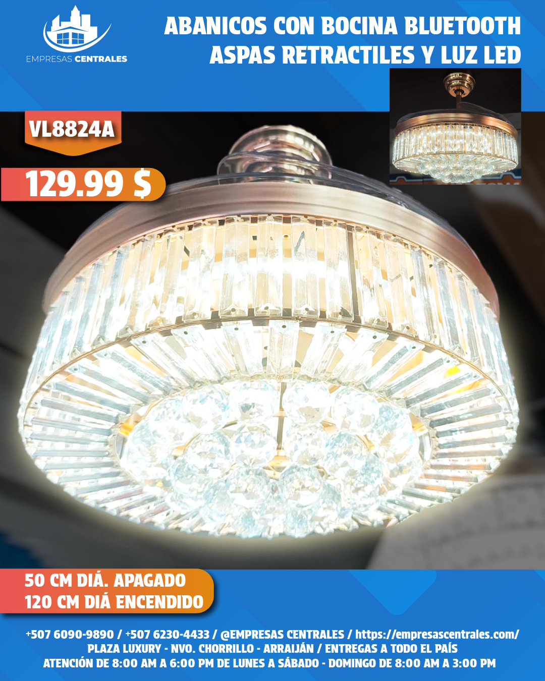Abanico Con Lampara Y Bluetooth Con Aspas Retractiles VL8824A