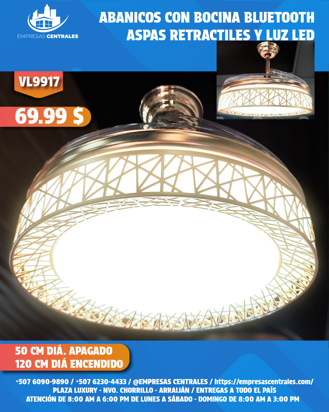 Abanico Con Lampara Y Bluetooth Con Aspas Retractiles VL9917