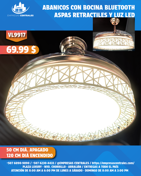 Abanico Con Lampara Y Bluetooth Con Aspas Retractiles VL9917