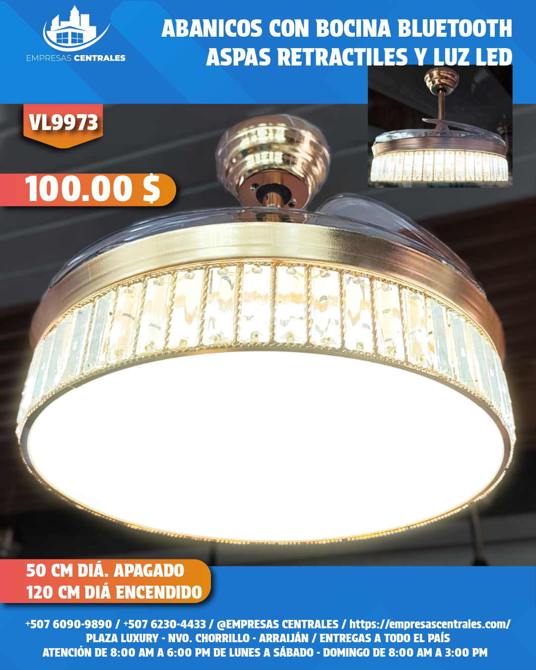 Abanico Con Lampara Y Bluetooth Con Aspas Retractiles VL9973