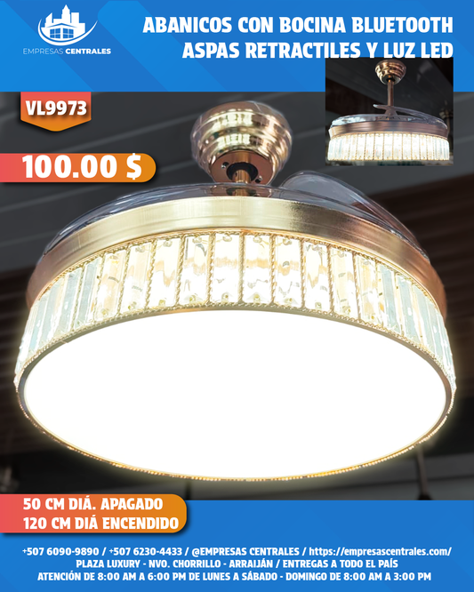Abanico Con Lampara Y Bluetooth Con Aspas Retractiles VL9973