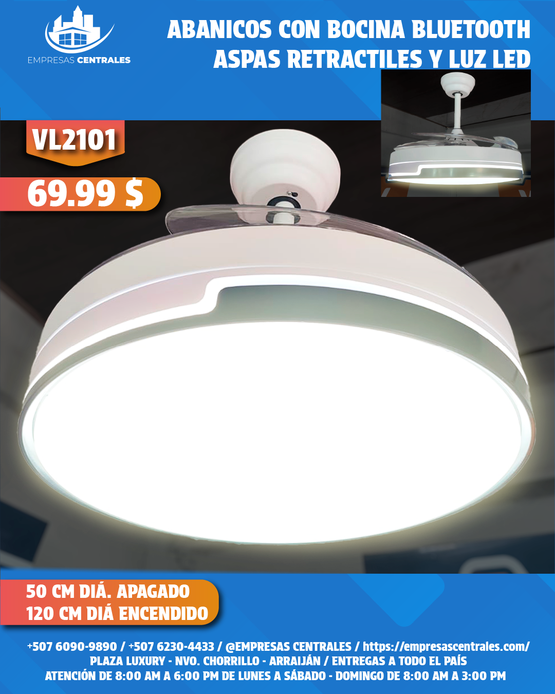 Abanico Con Lampara Y Bluetooth Con Aspas Retractiles VL02101