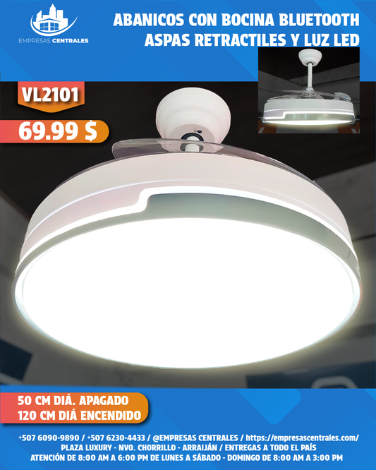 Abanico Con Lampara Y Bluetooth Con Aspas Retractiles VL02101