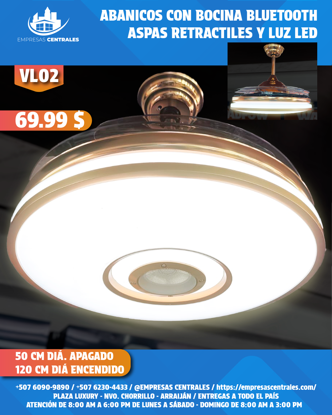 Abanico Con Lampara Y Bluetooth Con Aspas Retractiles VL02