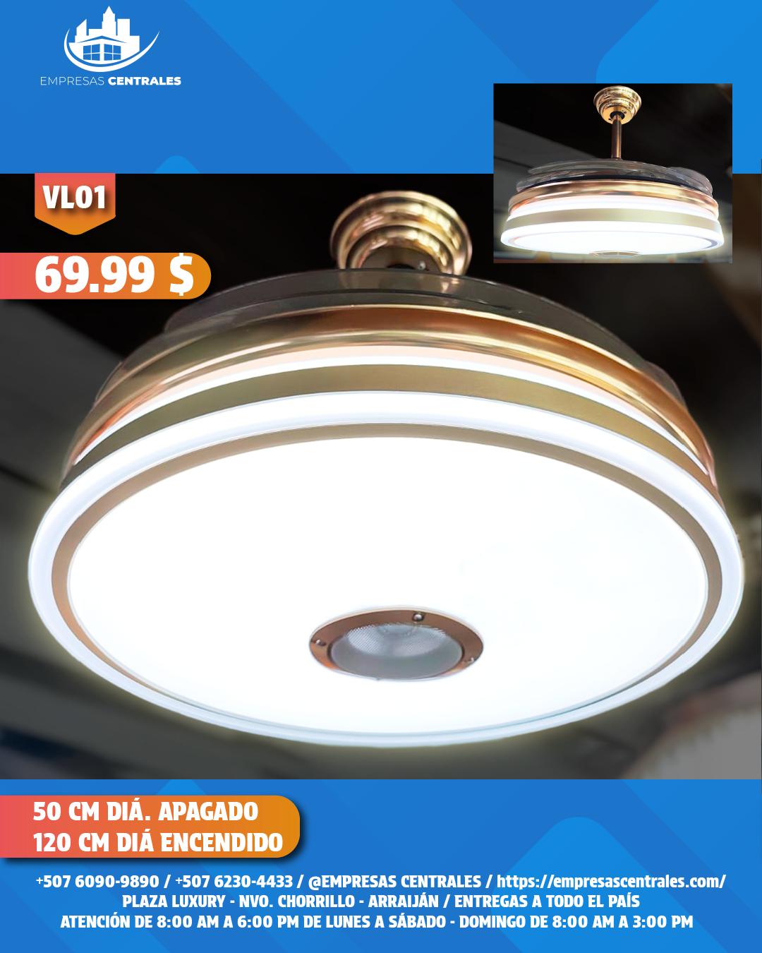 Abanico Con Lampara Y Bluetooth Con Aspas Retractiles VL01