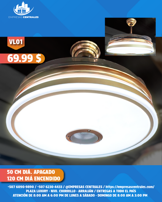 Abanico Con Lampara Y Bluetooth Con Aspas Retractiles VL01
