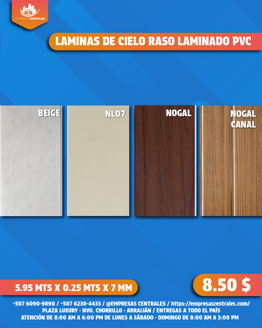Cielo Raso Pvc LAMINADOS 25cm x 5.95m x 7mm
