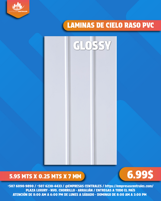 Cielo Raso Pvc BRILLANTE 25cm x 5.95m x 7mm